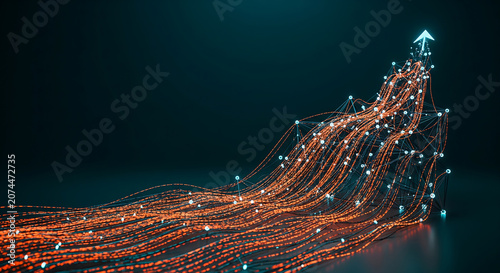 Glowing orange data stream lines converging to a rising upward arrow, digital network graph on dark teal background, ideal for business growth