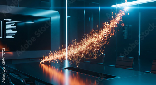 Glowing orange polygonal financial growth graph floating over a dark modern corporate conference table, 3D render, perfect for financial analytics