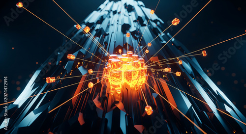 Dynamic glowing orange core with intricate data lines radiating through a dark abstract geometric structure, representing advanced AI, innovation, and digital connectivity, ideal for technology