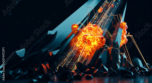 Sharp geometric crystalline forms with vibrant fiery explosions and golden energy lines, symbolizing powerful technological disruption, ideal for gaming backgrounds, tech presentations, and