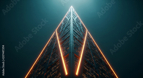 Futuristic geometric pyramid with vibrant neon orange light trails, symbolizing innovation and upward momentum, ideal for tech company branding and digital marketing campaigns.