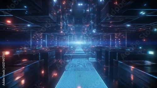 A futuristic server room corridor glows with bright blue lights and a central lens flare.