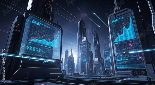 Futuristic urban landscape with glowing data displays and network lines, symbolizing global connectivity and artificial intelligence, for financial technology presentations and future business