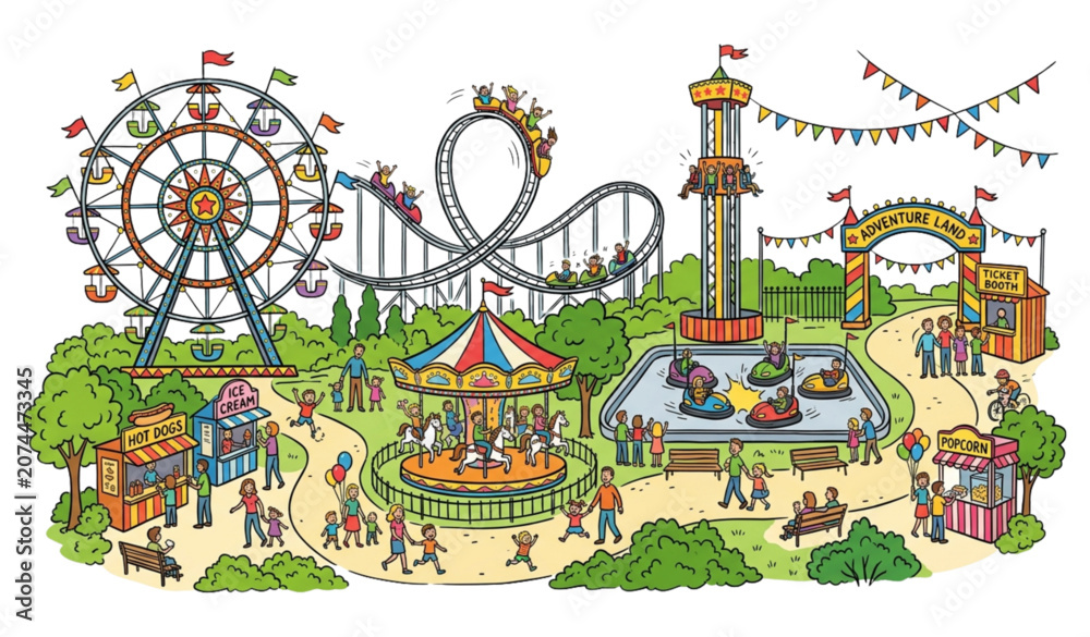 Obraz premium Colorful Amusement Park Landscape Hand Drawn Sketch Vector Illustration with Ferris Wheel and Roller Coaster