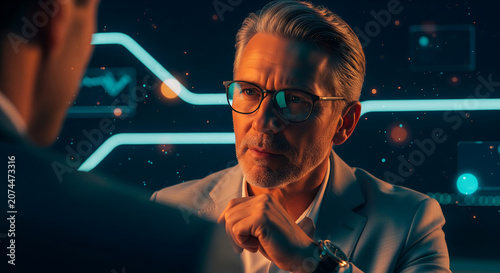 Experienced businessman with reflective glasses discussing strategy against a glowing tech background, representing innovation and leadership, ideal for technology articles, business reports, and