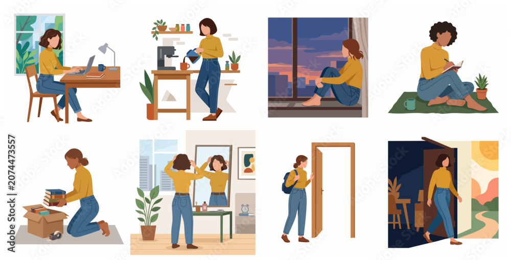 Fototapeta premium Set of flat vector illustrations depicting a young woman's daily routine, work, home life, and personal growth transitions.