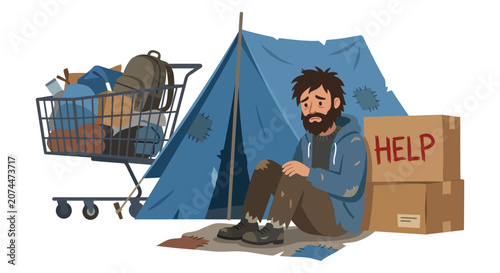 Fotografija Homeless man with tent and shopping cart vector illustration