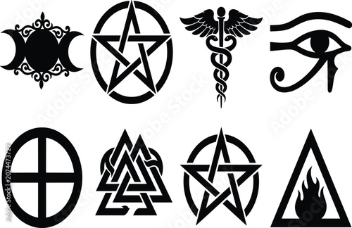 Bild auf Leinwand Mystical and ancient spiritual symbols icon set featuring pentagram caduceus eye