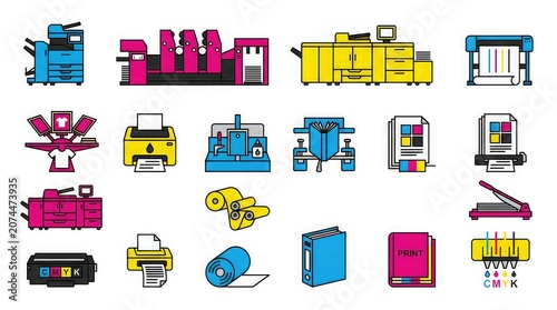 Printing technology icon set featuring industrial presses and digital office equipment for professional print media production and graphic design workflows on a clean white background for commercial