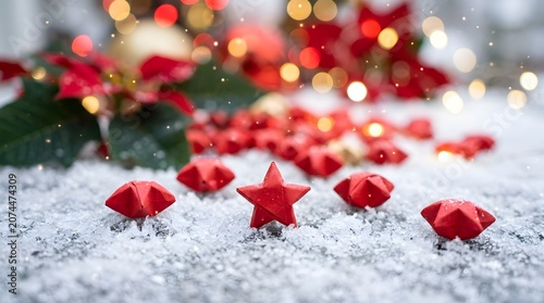 Christmas origami stars on snow with poinsettia and bokeh lights