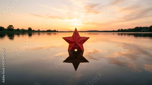 Origami star floating on serene lake at sunset