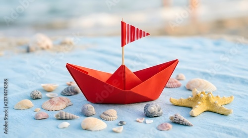 Red origami boat on blue towel with seashells and starfish