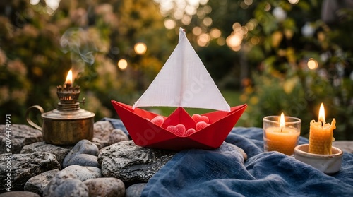 Origami boat with candies and romantic candlelight scene