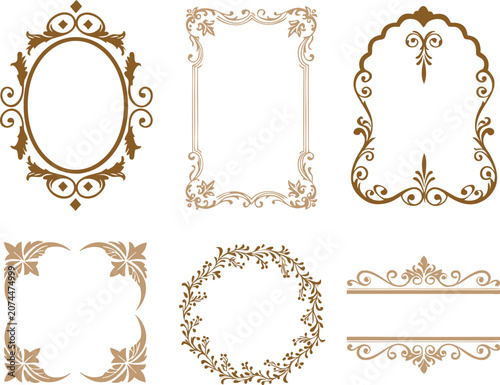 Six elegant ornamental golden vector frames arranged symmetrically with intricate vintage decorations, premium metallic style, isolated background, editable vector artwork.