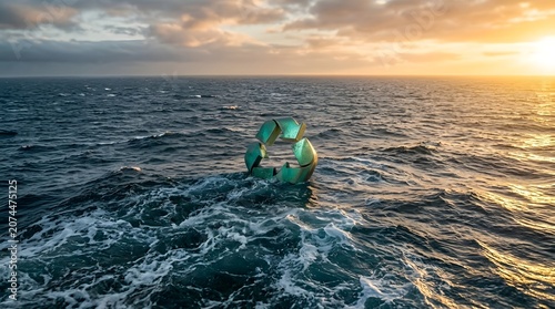 Recycling symbol sculpture in ocean waves at sunset