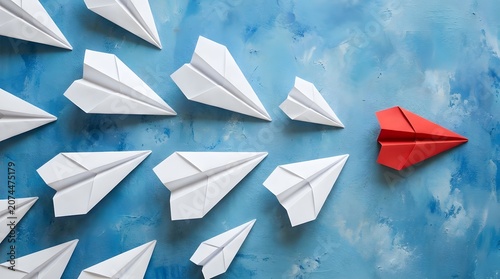 Paper airplanes on blue background with one red leader
