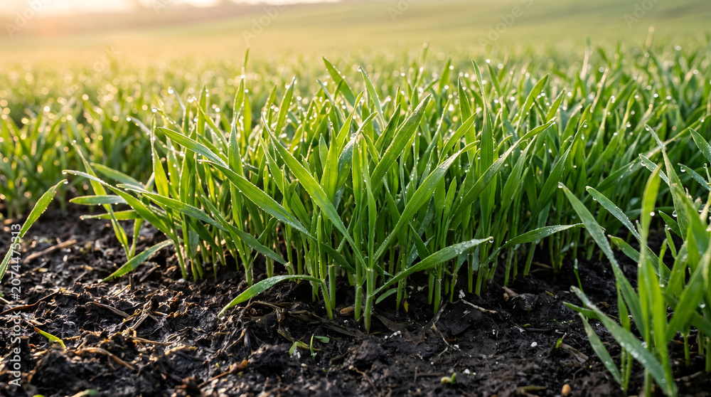 Fototapeta premium Young green wheat sprouts growing in a field at sunrise