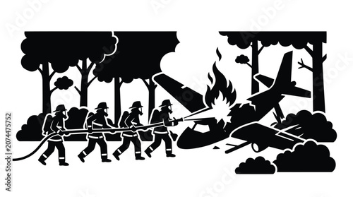 Fényképezés Firefighters battling a forest fire near a crashed airplane black silhouette vec