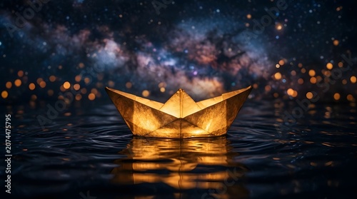 Glowing paper boat on water under starry night sky