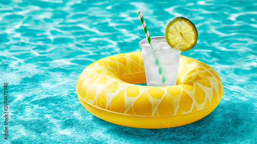 Refreshing lime cocktail with a straw in a clear glass on an inflatable ring in the blue water of a pool. Summer vacation and relaxation concept.