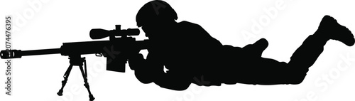Bild auf Leinwand Military sniper silhouette aiming large caliber rifle in prone position, army sh