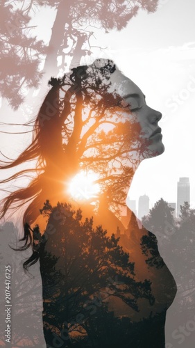 Woman profile overlaid with forest trees and sunset light. Double exposure shows nature within person. Think about future, dreams, hope, peace, city skyline background.