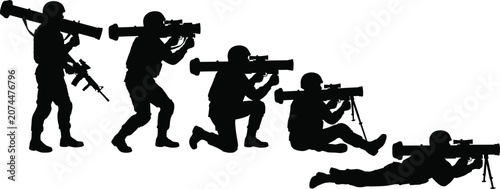 Photos Soldier silhouettes with rocket launchers, military army men aiming weapon in st