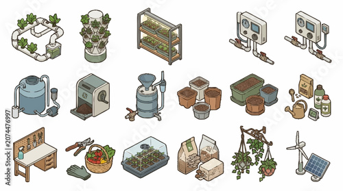 Obraz na płótnie Isometric illustration of indoor gardening and hydroponics setup.