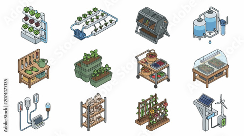Konstfotografi Isometric Hydroponic Farming Systems and Greenhouses.