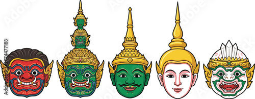 Photography Thai Khon masks, traditional Thailand culture Ramakien characters, epic demon gi