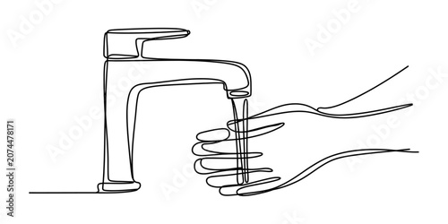 Fotografie Continuous single line drawing of a person washing hands under a water faucet ta