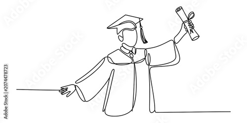 Slika na platnu Continuous single line drawing of a happy graduate student wearing a cap and gow