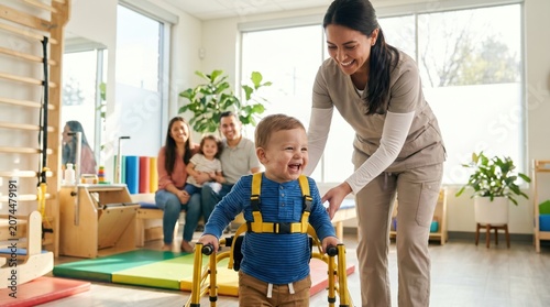 Smiling therapist helps laughing toddler use a walker in a bright rehab room; parents and child watch from a bench; toys, mats, exercise ladder and plants nearby