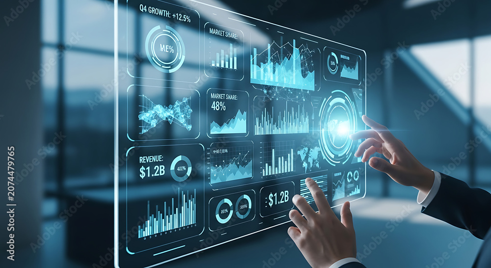 Fototapeta premium A person interacts with futuristic digital interface in modern office space.