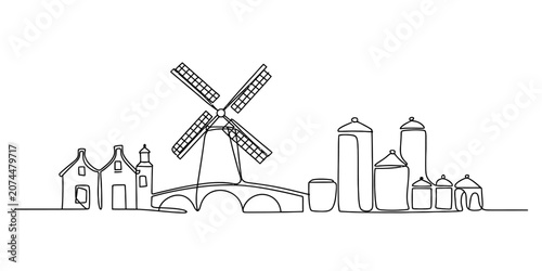 Tableau sur toile Continuous one line drawing of a dutch windmill farm with rural buildings