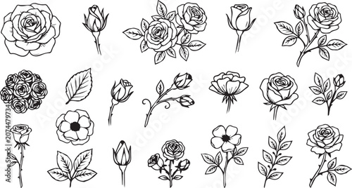 Black and white floral icons, line art flowers, 20 blooming illustrations, vector graphics
