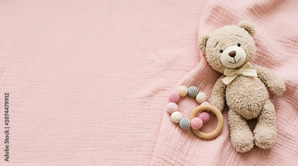 Fototapeta premium Cute teddy bear toy with a wooden teething ring on a soft pink muslin fabric background
