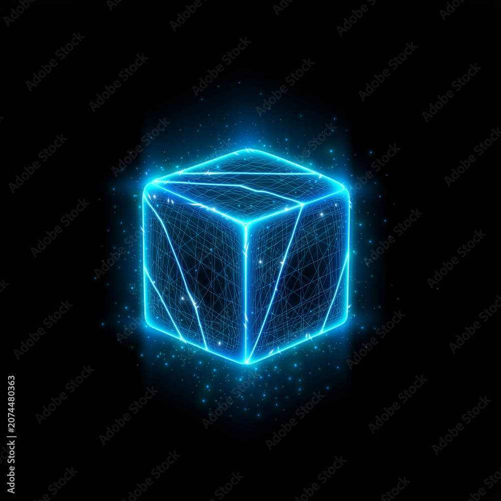 Fototapeta premium Neon wireframe glowing blue cube in space.