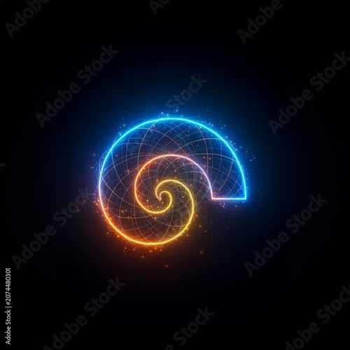 Neon wireframe spiral shell in blue orange glow.