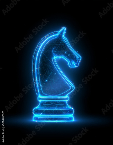 Neon wireframe chess knight in blue glow.