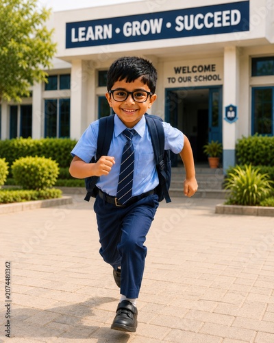indian little school boy running for going to school on first day of school