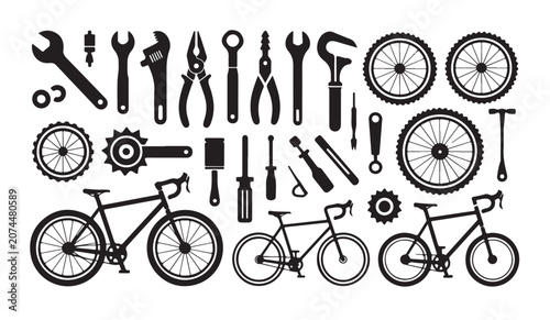 Tableau sur toile Bicycle maintenance and repair tools with different bike models on white background vector art