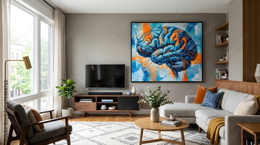 Fototapeta premium Bright Contemporary Living Room Interior Featuring Abstract Human Brain Artwork Above Television and Plush Sofa With Decorative Pillows and Round Coffee Table Surrounded by Natural Light