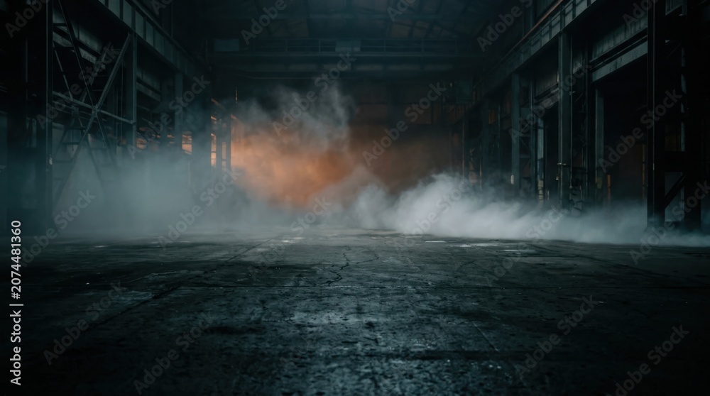 Naklejka premium Wide abandoned warehouse floor fills with rolling fog, cold blue shadows, orange backlight, and steel structures, creating a dark Halloween background for spooky autumn seasonal party invitations.