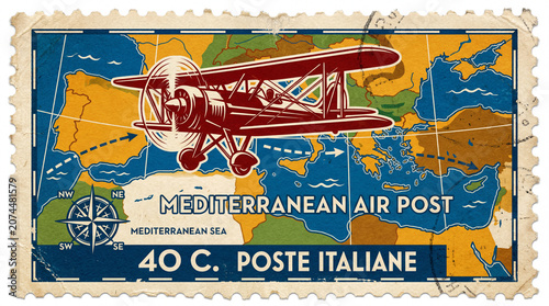 Vintage Mediterranean Air Post Stamp with Red Biplane and Map Graphic