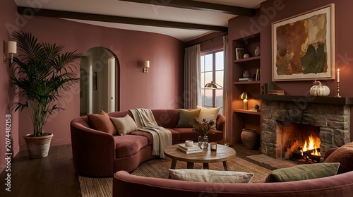 Cozy living room with a deep pink sectional sofa stone fireplace with a warm glowing fire and arched doorway showcasing abundant natural light and tranquil ambiance creating a perfect home