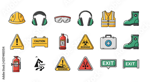 Construction safety icons including helmets and signs are displayed.