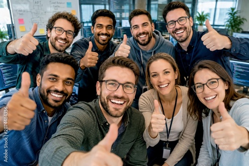 Happy Multicultural Startup Team Giving Thumbs Up in Modern Office