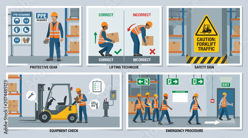 Warehouse safety infographic with workers and forklifts  protective gear and procedures