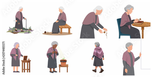 Schilderij op canvas Elderly Woman in Melancholic and Reflective Poses Vector Illustration Set